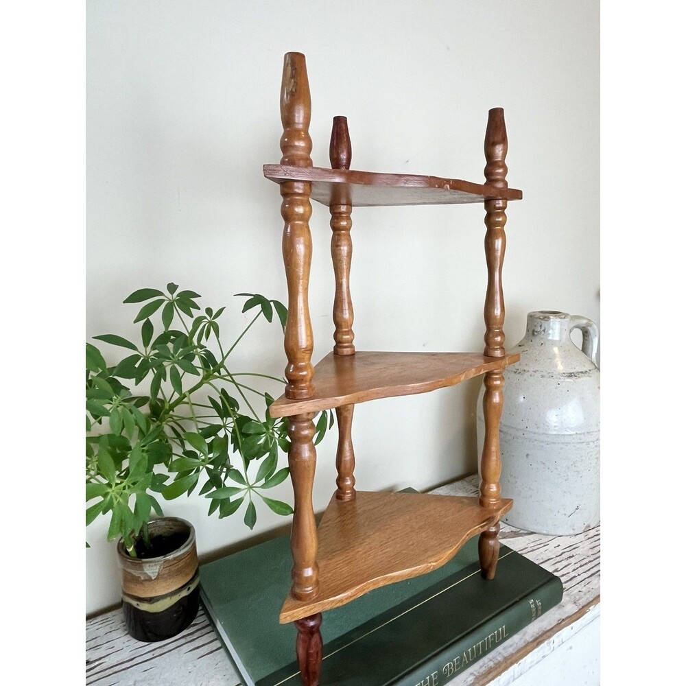 Vintage 3 Tiered Wood Corner Curio Display Shelf Spindles Victorian 19"H x 11"